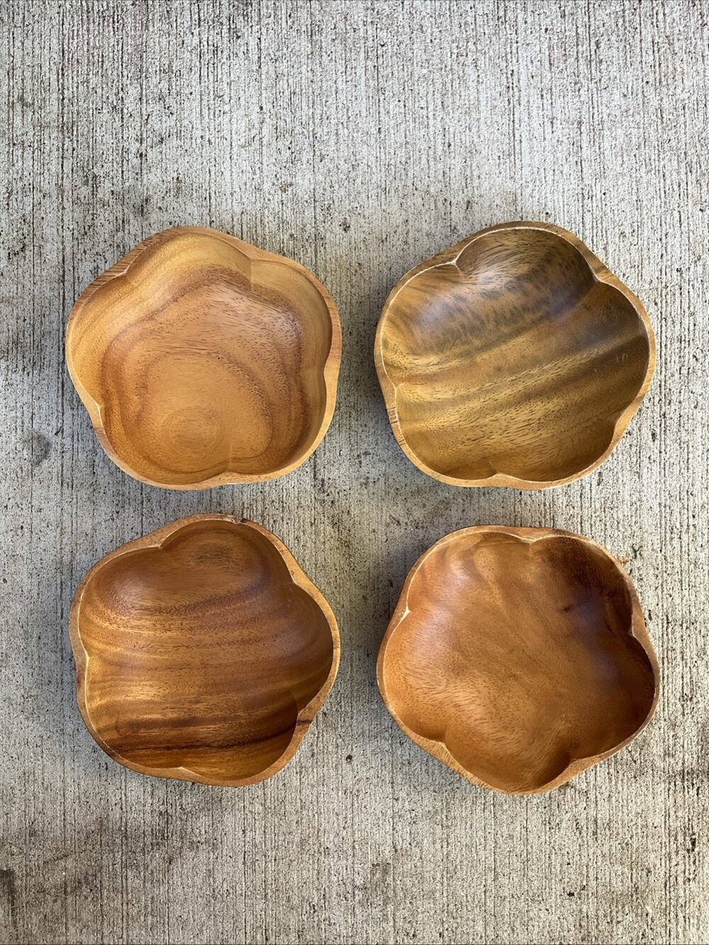 Flower Shaped Wood Bowls Set of 4 Natural Dish 5" Salad MCM Tiki Lightweight